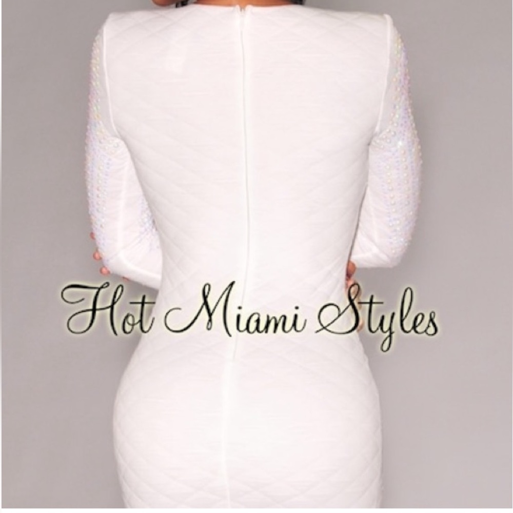 Hot Miami Styles White Rhinestone Pearl Quilted V Neck Long Sleeve Dress M - Picture 2 of 5